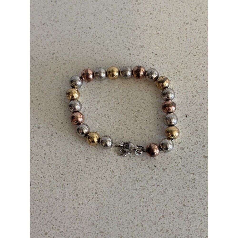 925 Sterling Silver Tricolor Bracelet Round Ball Beads Silver Gold Rose Gold